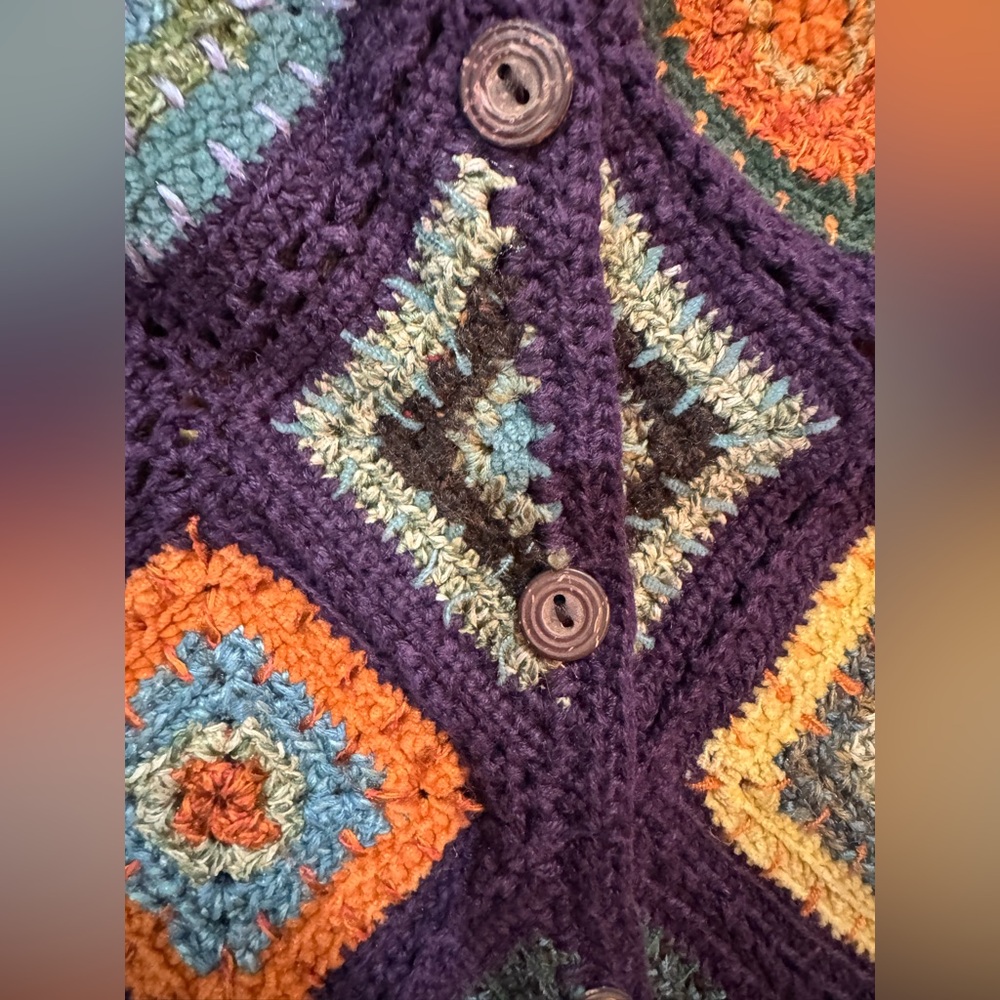 Granny Square Cardigan Boho Multicolor Hand Knit Button Front Sweater M - Picture 4 of 7